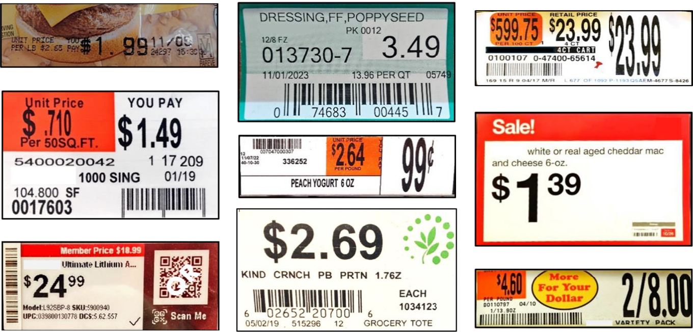 Figure 1. An assortment of shelf labels that demonstrates the lack of uniformity of unit price labeling in the current marketplace.